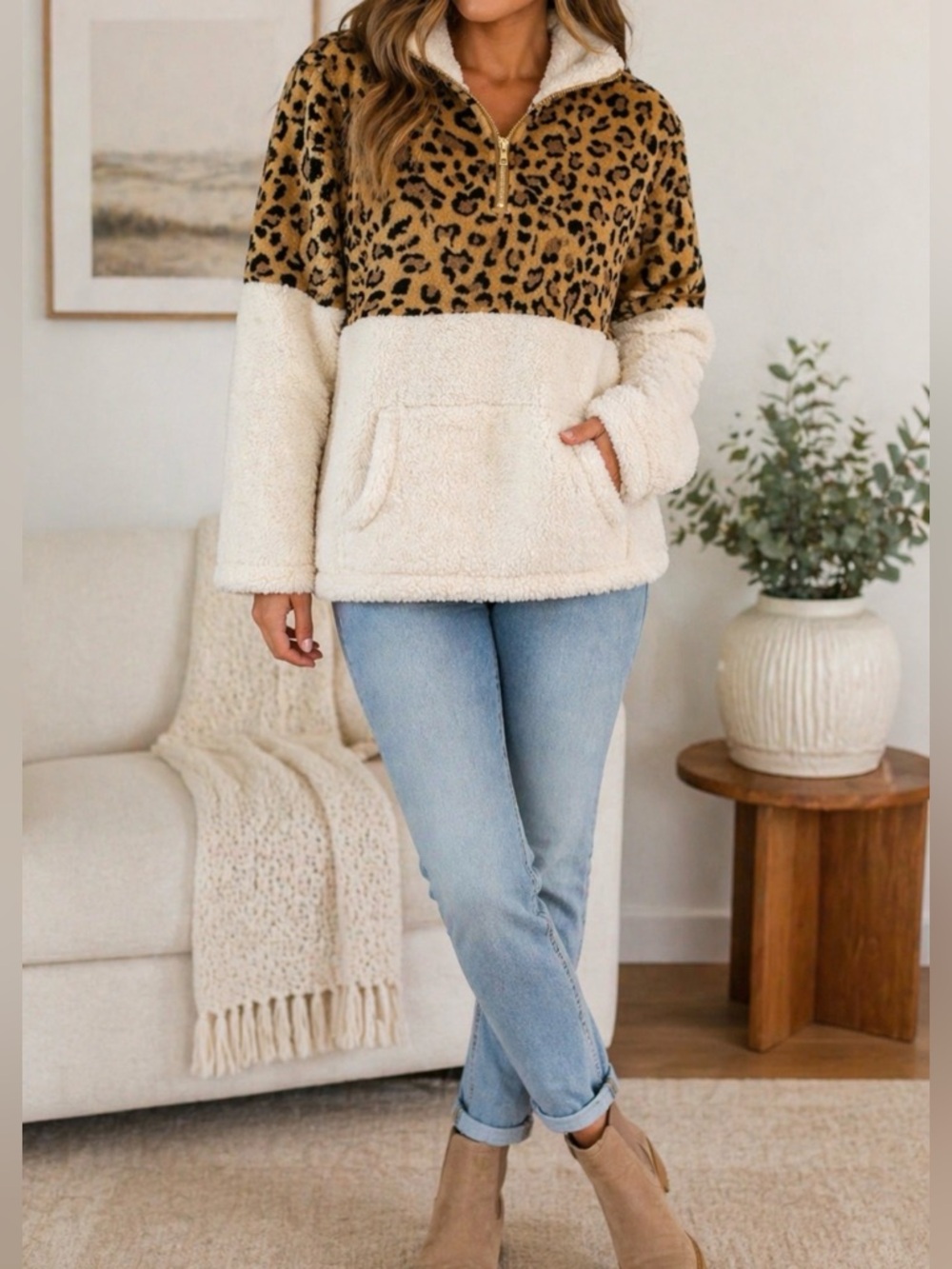 ❌SOLD❌ Leopard Print Sherpa Half Zip Pullover Cozy Fleece Jacket Cream Tan